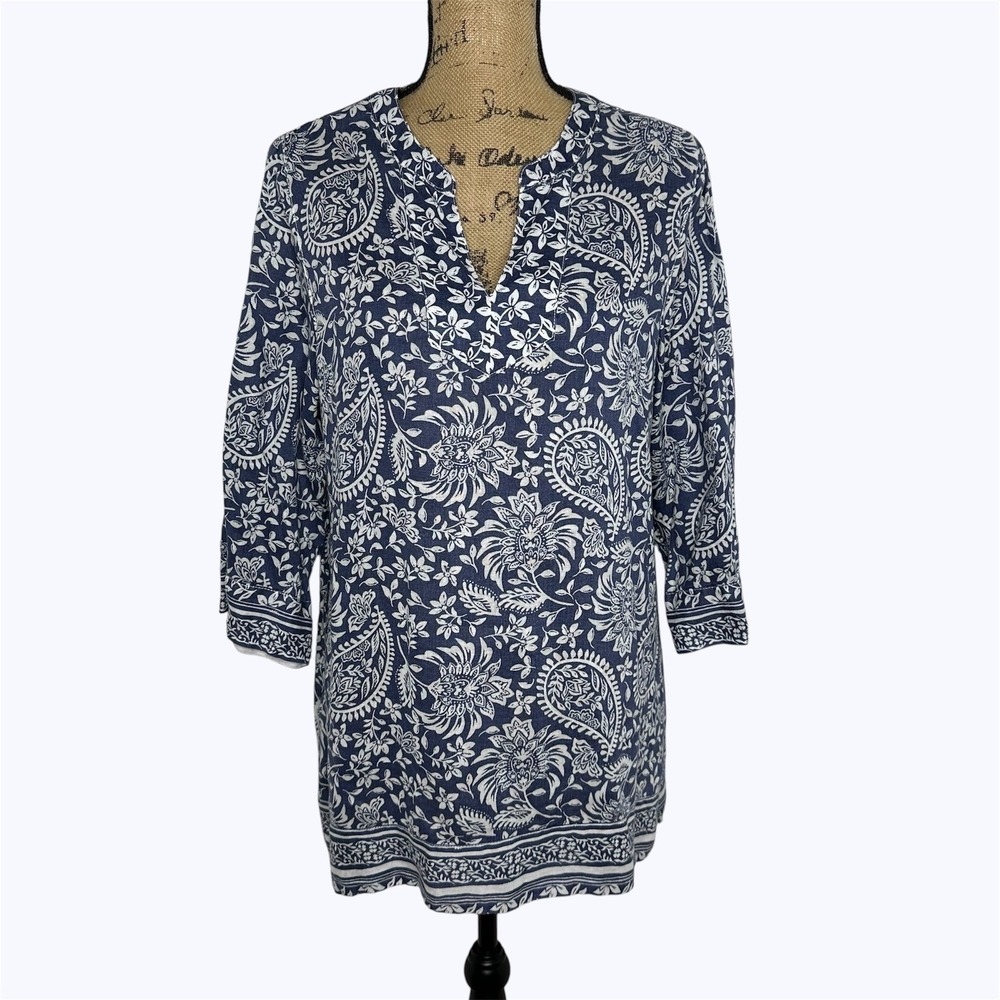 Sigrid Olsen Tunic Top Blue White Paisley 100%‎ Linen Spring Resort Coastal Sz M
